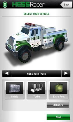 Screenshots of the Hess Racer for Android tablet, phone.